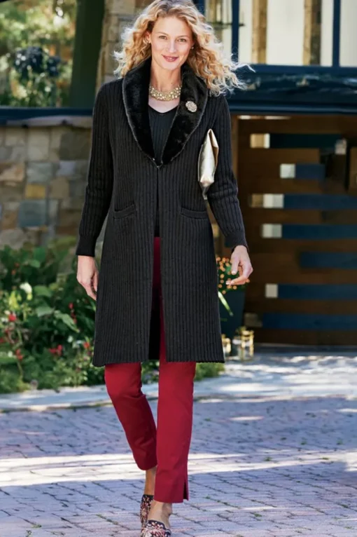 Amalie Faux Fur Collar Ribbed Cardigan