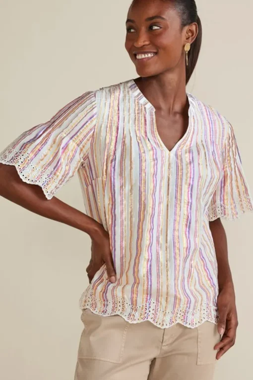 Ciel Metallic Stripe Eyelet Top