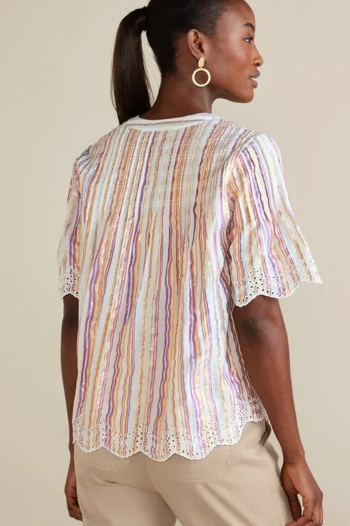 Ciel Metallic Stripe Eyelet Top