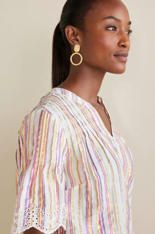 Ciel Metallic Stripe Eyelet Top